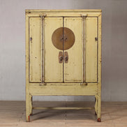 Distressed Yellow Lacquer Real Antique Moon Storage Cabinet
