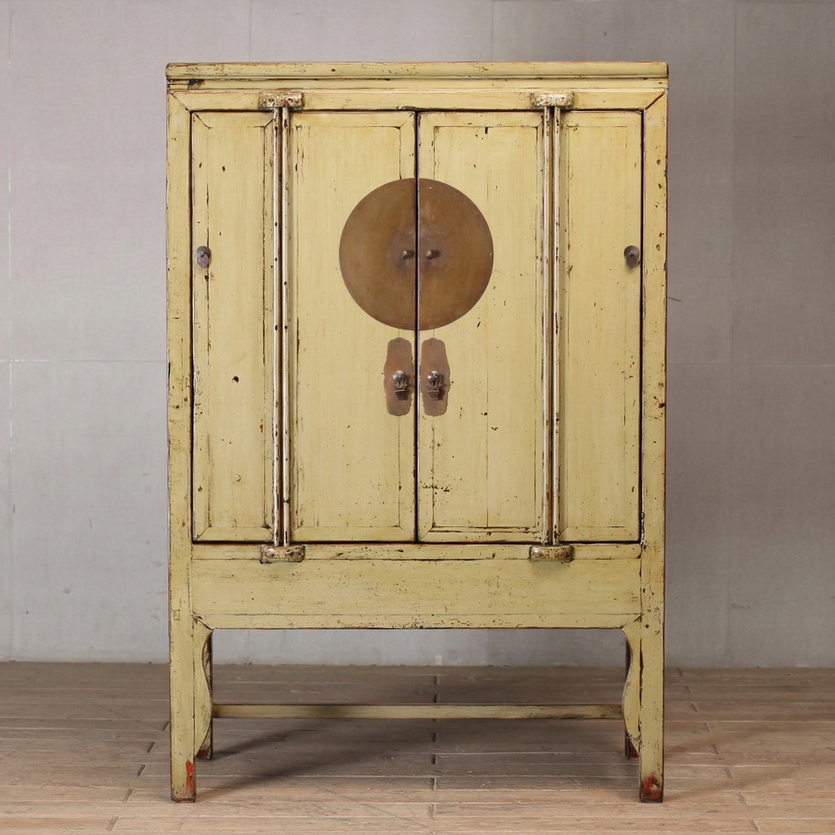Distressed Yellow Lacquer Real Antique Moon Storage Cabinet