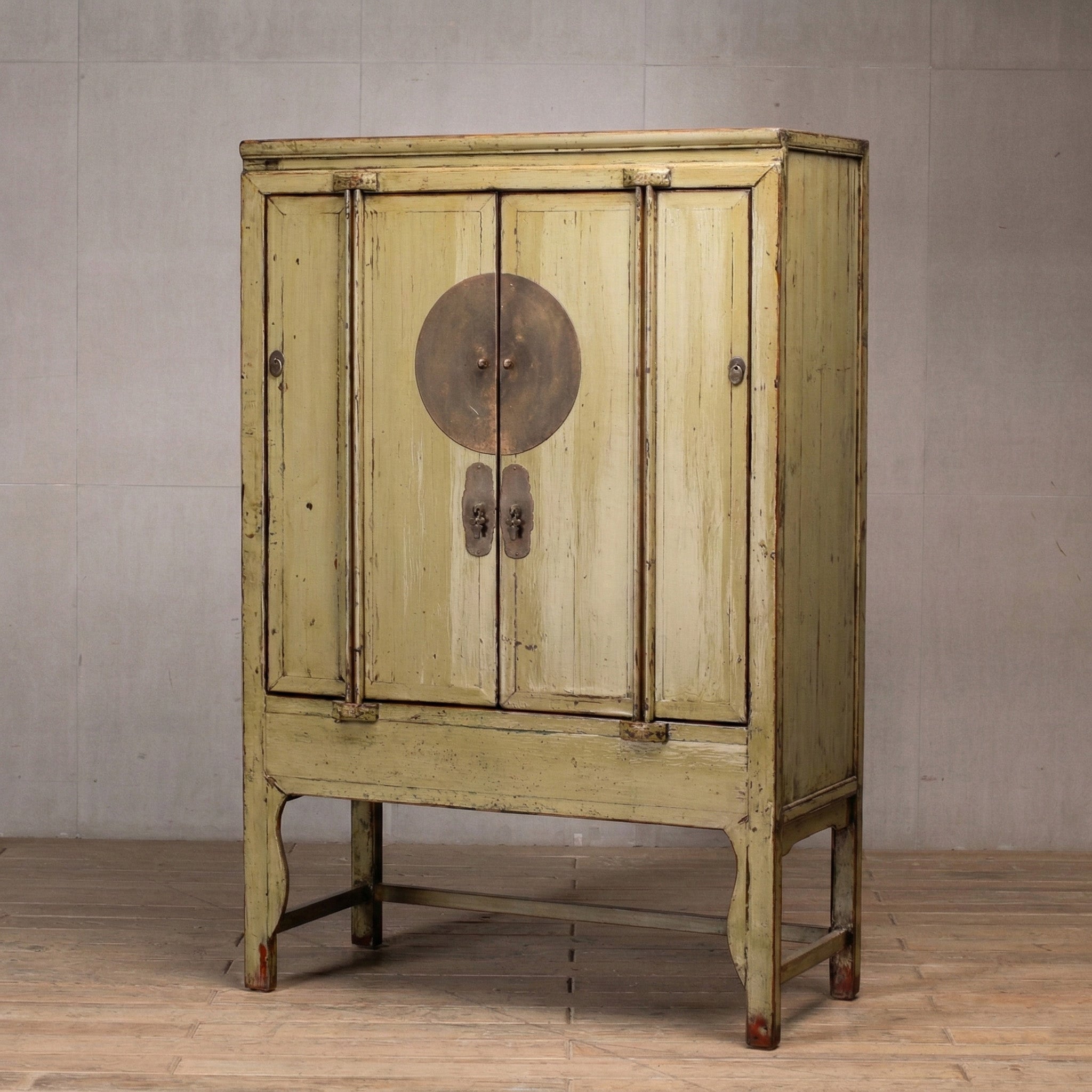 Distressed Yellow Lacquer Real Antique Moon Storage Cabinet