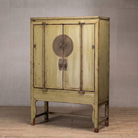 Distressed Yellow Lacquer Real Antique Moon Storage Cabinet