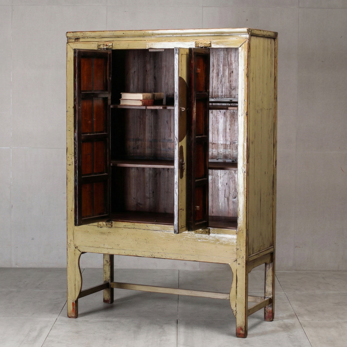 Distressed Yellow Lacquer Real Antique Moon Storage Cabinet