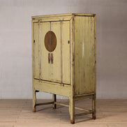 Distressed Yellow Lacquer Real Antique Moon Storage Cabinet
