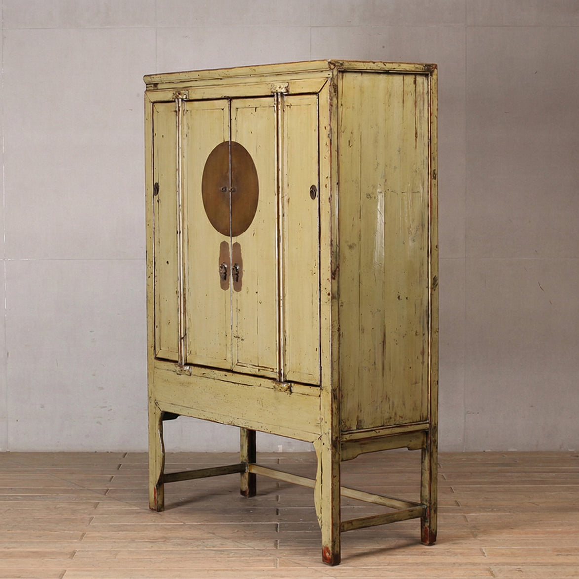 Distressed Yellow Lacquer Real Antique Moon Storage Cabinet