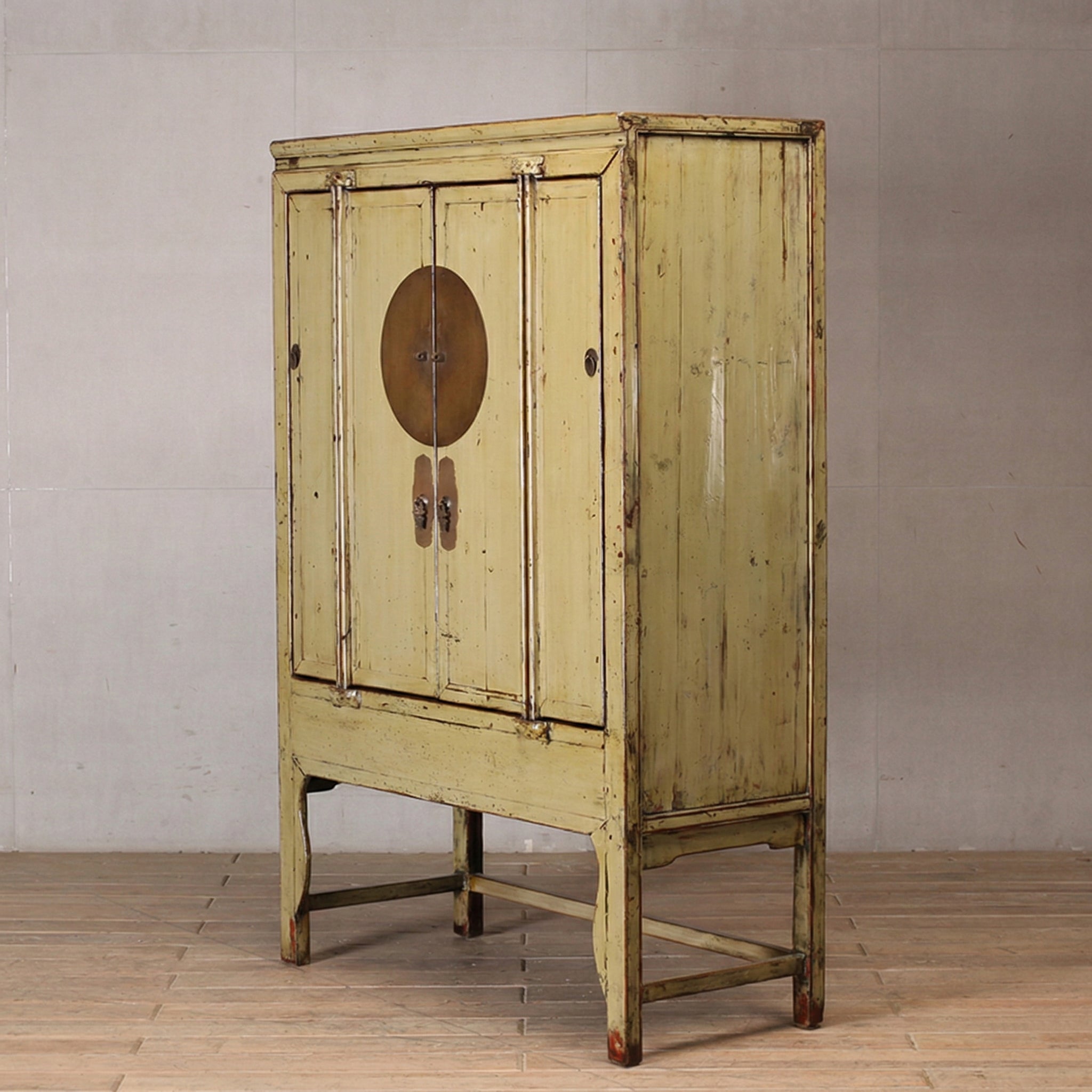 Distressed Yellow Lacquer Real Antique Moon Storage Cabinet