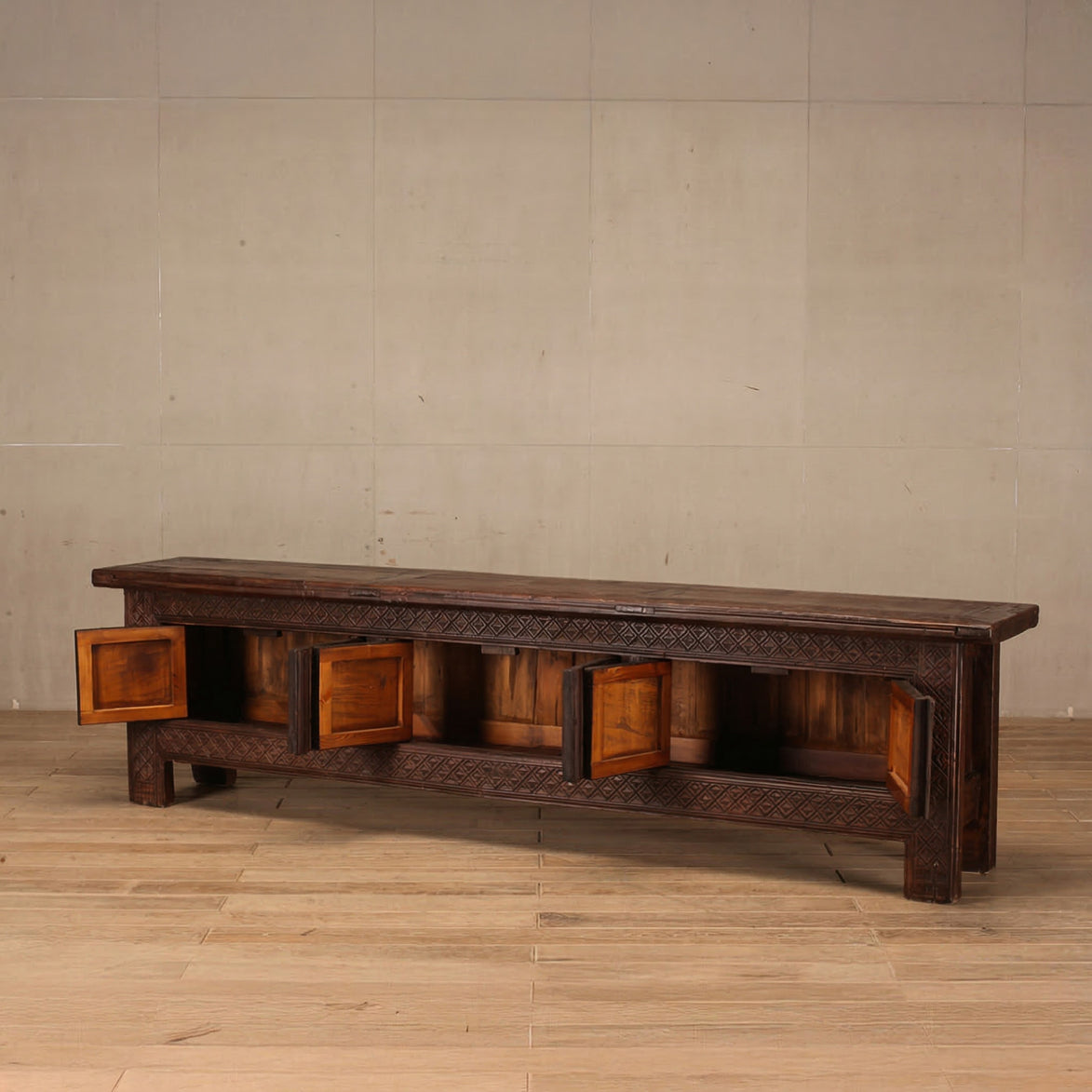 Shibui Dark Wood Geometric Carved Long TV unit
