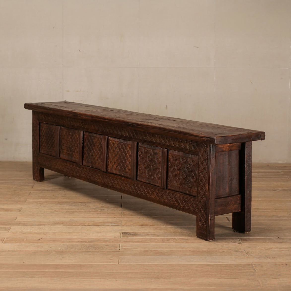 Shibui Dark Wood Geometric Carved Long TV unit